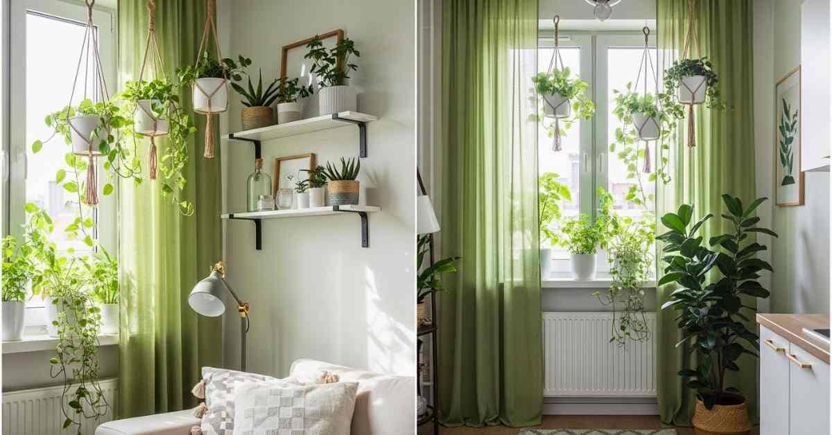 A wooden ladder used as a plant stand with multiple small pots placed on each step, mix of green plants, indoor setting with soft natural light, stylish and space-saving decor, modern aesthetic